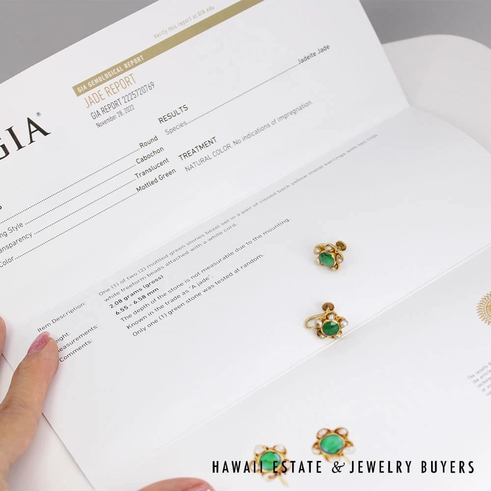 GIA Natural Grade A Jadeite Jade Keshi Pearl 14K Yellow Gold Screw-back Earrings - Image 2