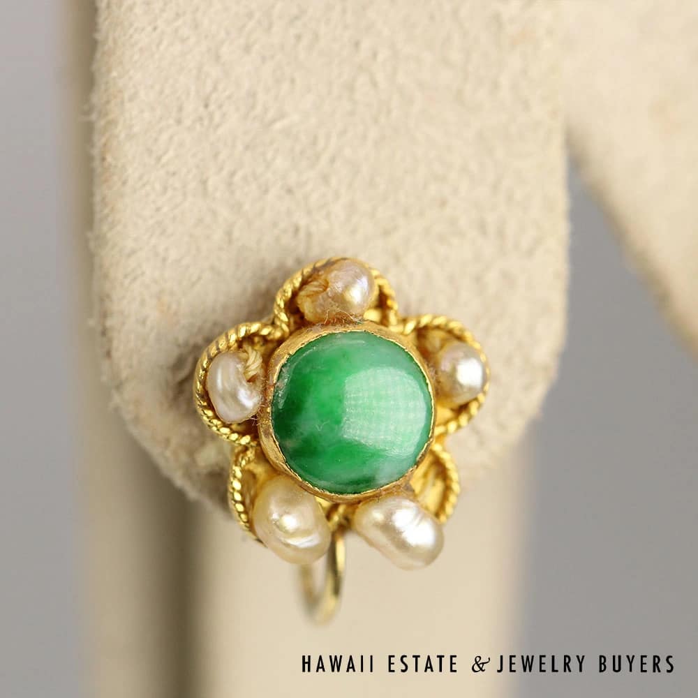 GIA Natural Grade A Jadeite Jade Keshi Pearl 14K Yellow Gold Screw-back Earrings - Image 4