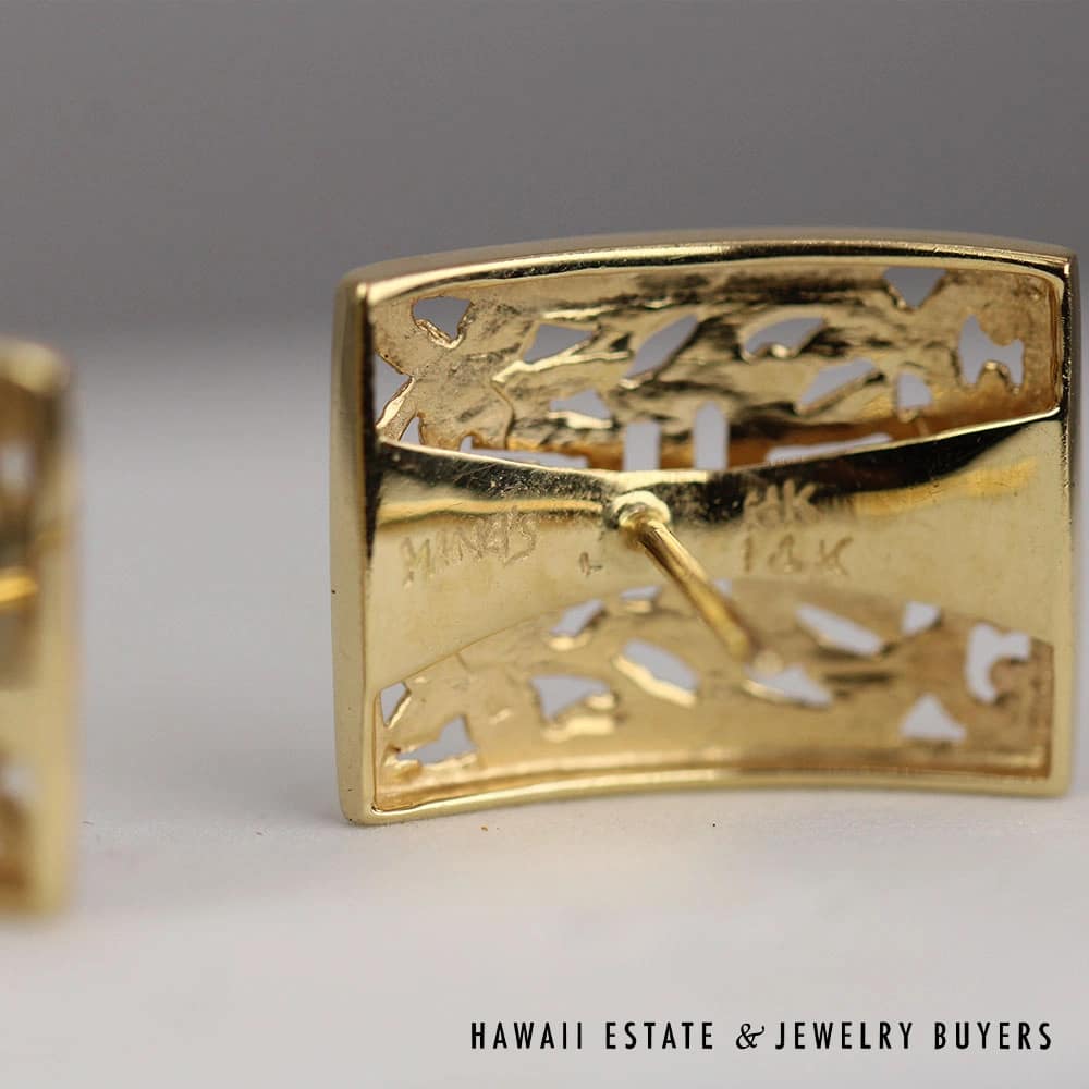 Ming's Rectangular Longevity Shou Earrings 14K Yellow Gold 5.1g 19x15mm w/Box - Image 2