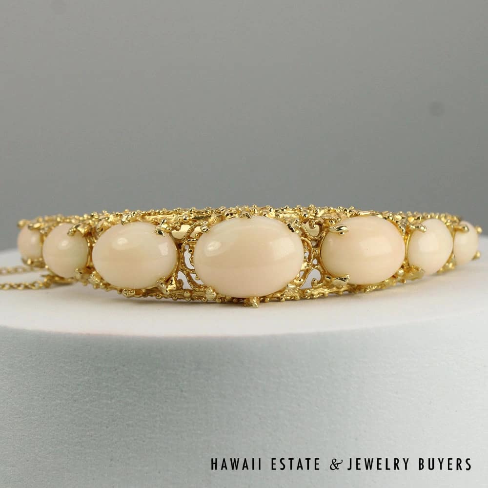 Angelskin Coral Hinged 14k Yellow Gold Bangle Bracelet Size 6.75