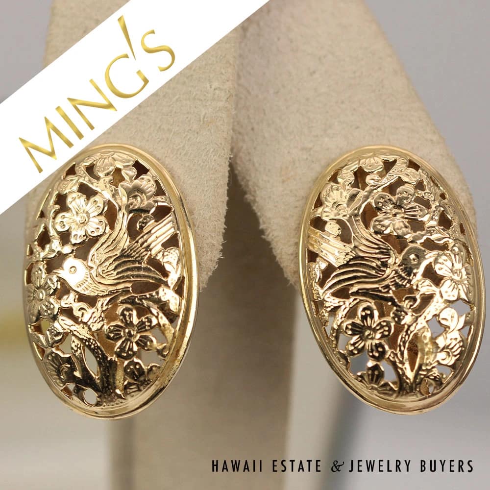 Ming's Hawaii Bird in Plum Oval Pierced Omega Clip Earrings w/ Box