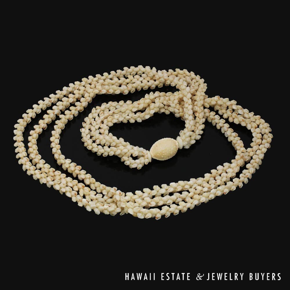 Three Strand Ni'ihau Shell Lei: Pikake Momi Ke'oke'o 39 inches #2955-03 - Image 2