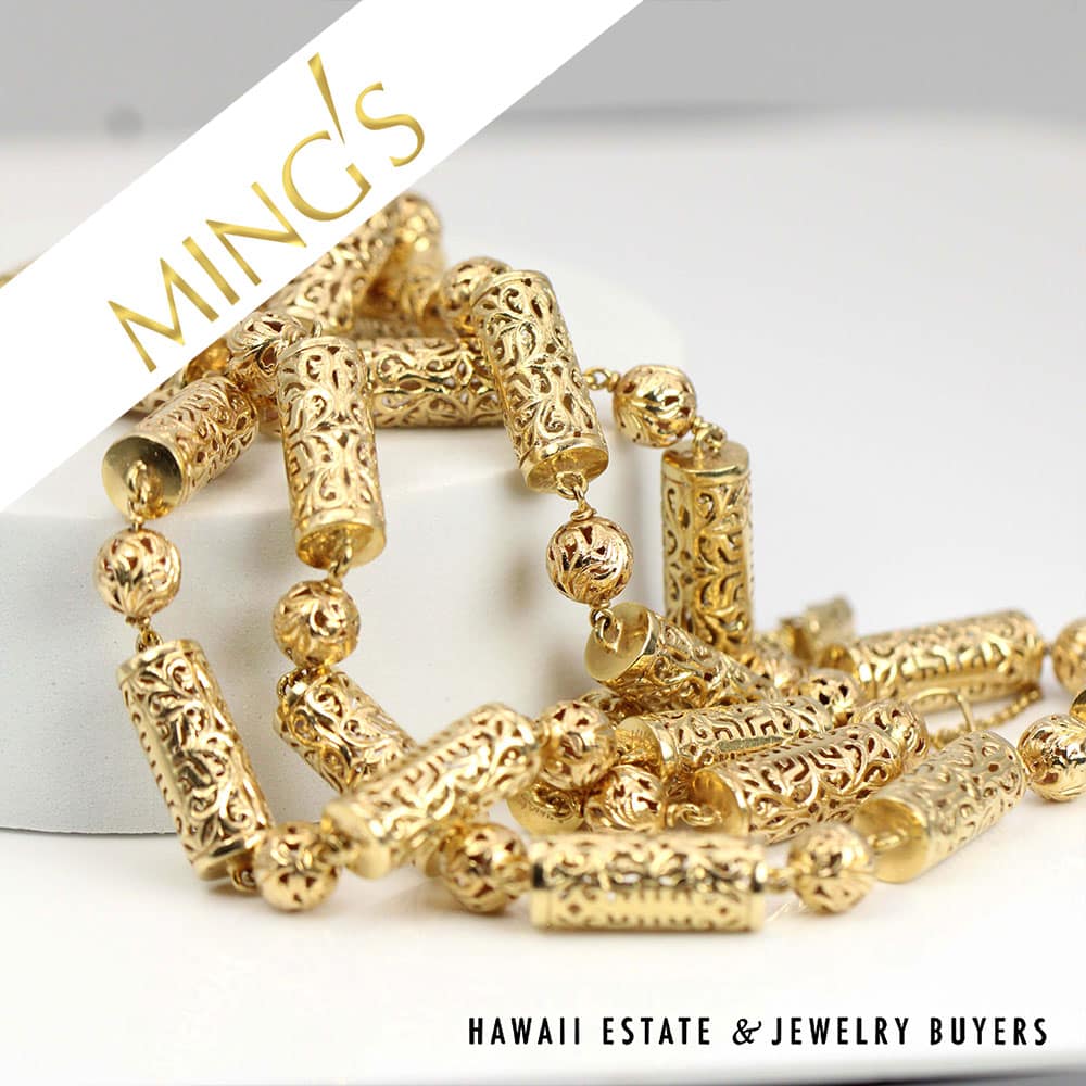 Ming's 77.9g 14KYG Ball & Cylinder Shou Necklace 33" Length