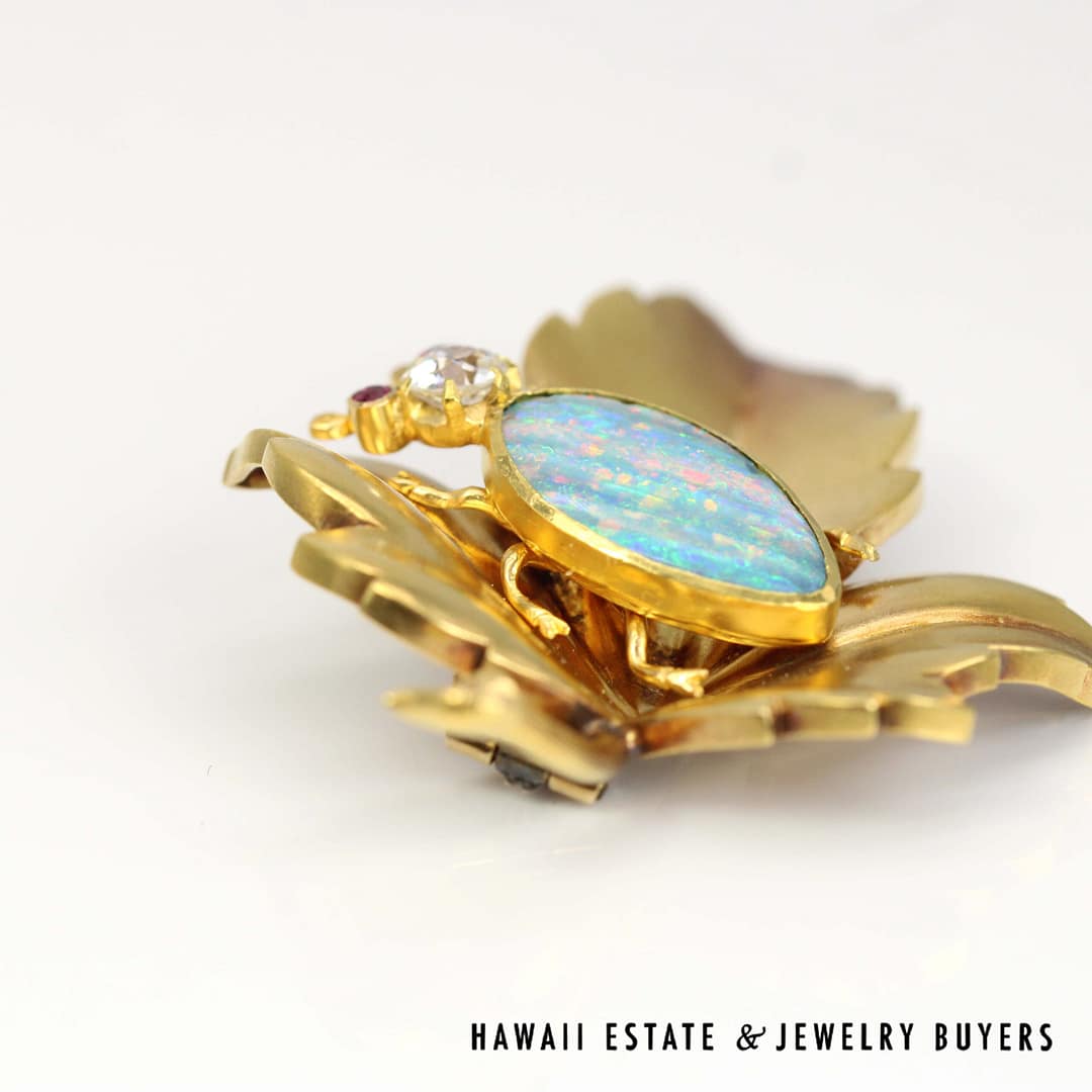 Timothy T Johns & Son 18K Yellow Gold Opal, 0.35ct OEC Diamond & 0.10ctw Ruby Beetle and Leaf Brooch Circa 1890 - Image 3