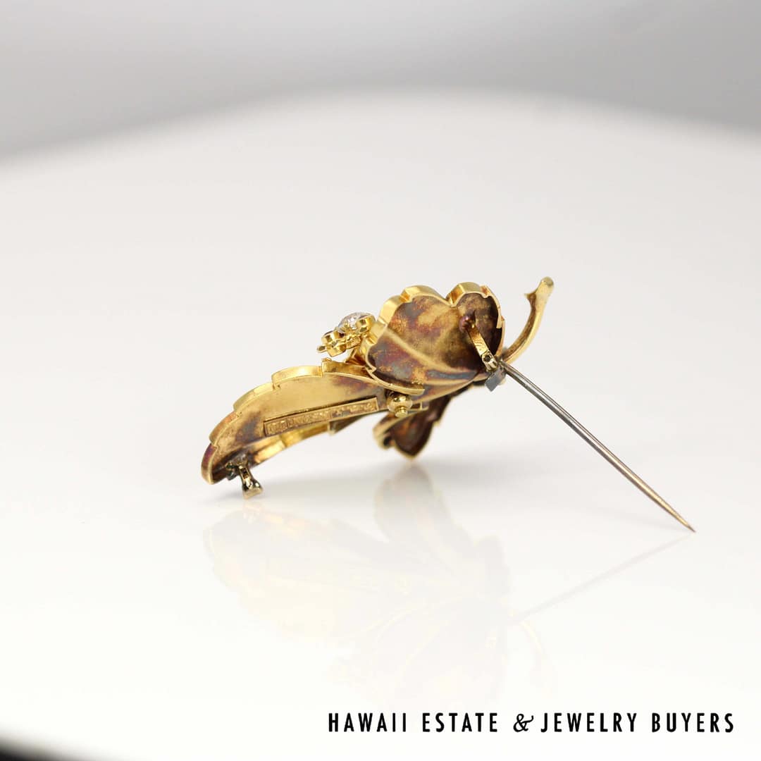 Timothy T Johns & Son 18K Yellow Gold Opal, 0.35ct OEC Diamond & 0.10ctw Ruby Beetle and Leaf Brooch Circa 1890 - Image 4