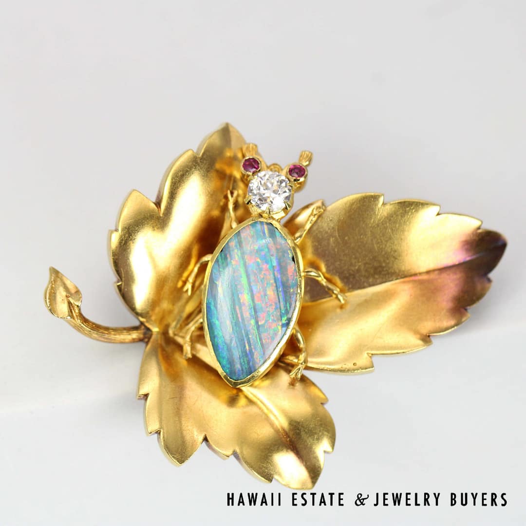 Timothy T Johns & Son 18K Yellow Gold Opal, 0.35ct OEC Diamond & 0.10ctw Ruby Beetle and Leaf Brooch Circa 1890