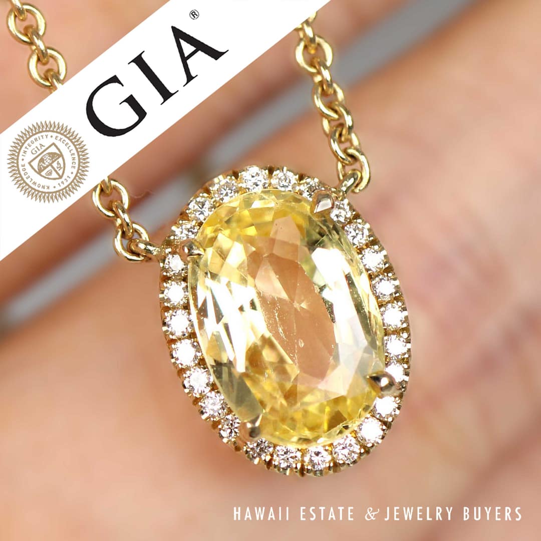 GIA 3ct Yellow Sapphire 0.13ctw Diamond 14K Yellow Gold Diamond Pendant & Necklace