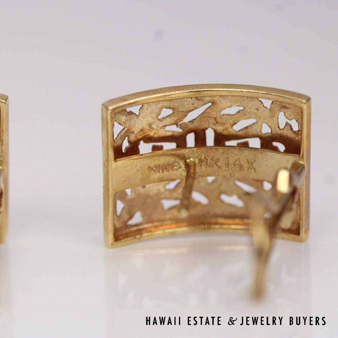 Mings Rectangle Shou 14K Yellow Gold Pierced Earrings with Omega Clips - Image 3