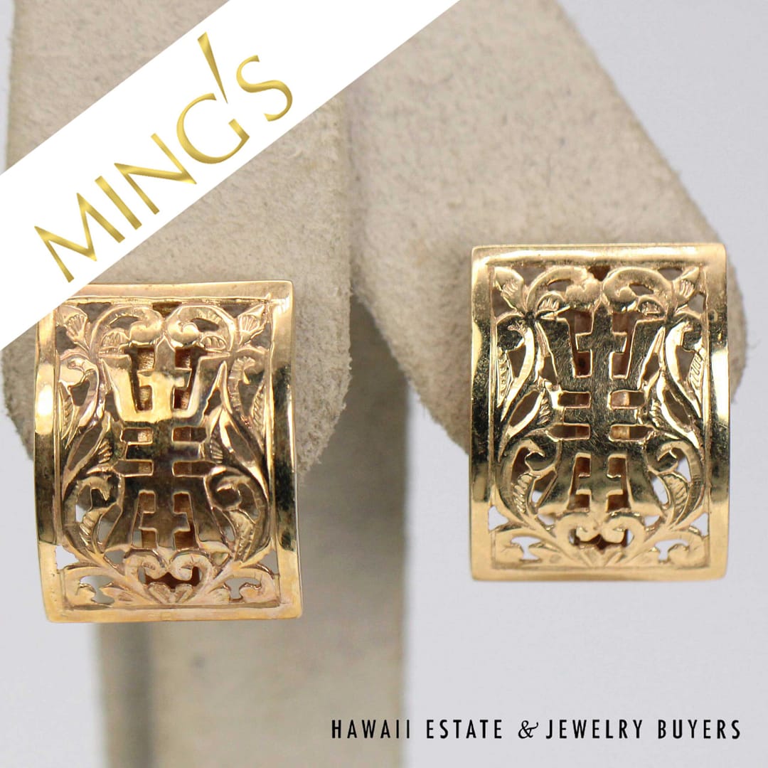 Mings Rectangle Shou 14K Yellow Gold Pierced Earrings with Omega Clips