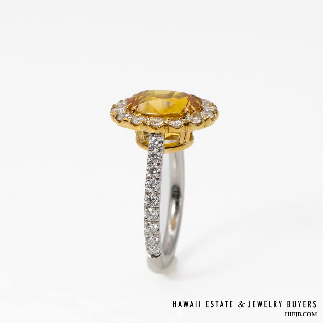 GIA CERTIFIED 5.6g 18K2T 4.30ct ORANGY YELLOW SAPPHIRE OVAL 1.09ctw DIAMOND VS/GH HELENA RING SIZE 5 - Image 2