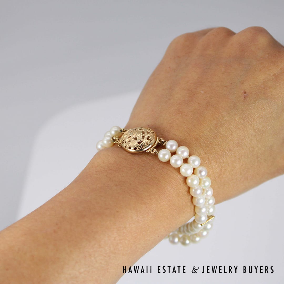 Ming's Bird in Plum Cultured Pearl Double Strand Bracelet 14k Yellow Gold Size 6.5 - Image 4