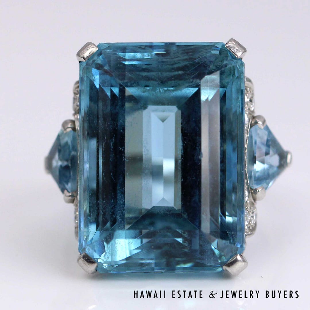 GIA 30ct Aquamarine 0.40ctw Diamond 1.50ctw Aquamarine Ring Plat. Size 8, 17.5g - Image 4