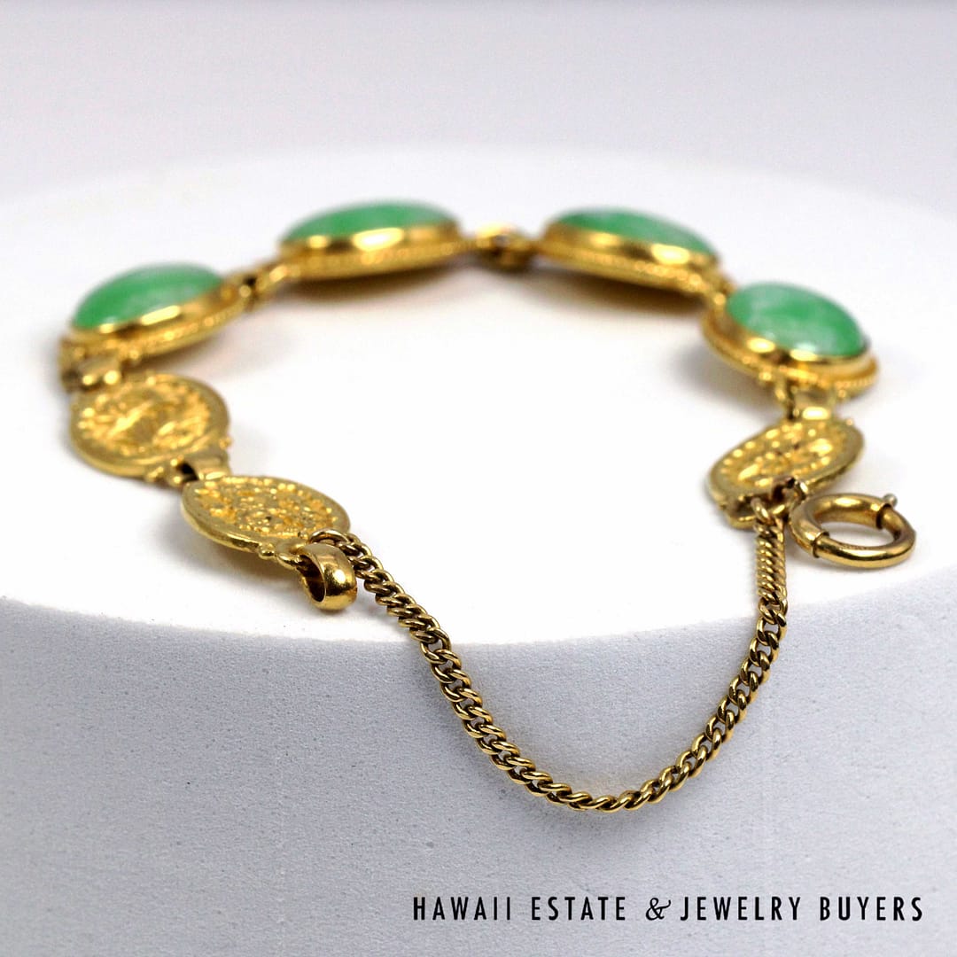 Green Jade Oval 22K Yellow Gold Cabochon Bracelet Size 6 - Image 3