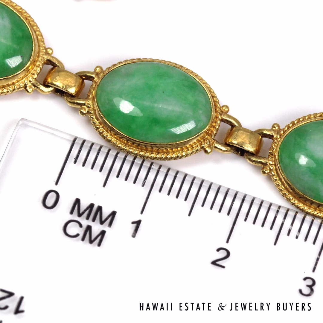 Green Jade Oval 22K Yellow Gold Cabochon Bracelet Size 6 - Image 9
