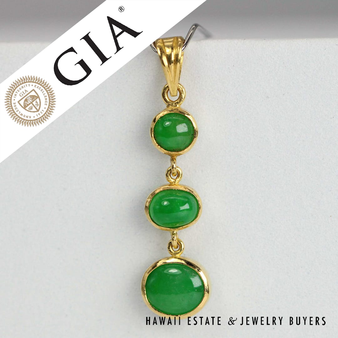 GIA Type A Green Jade Pendant 22k Yellow Gold Measures 1.25 Inch