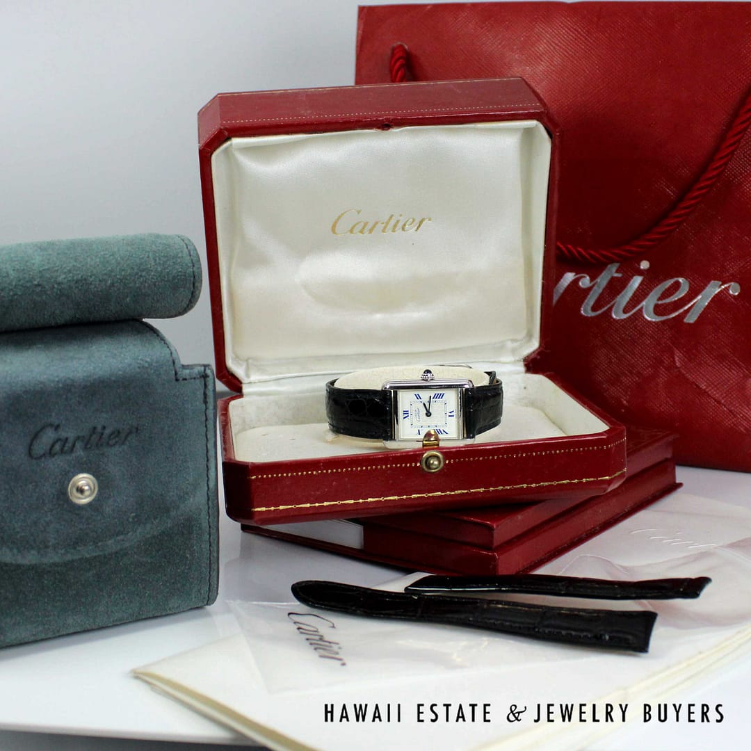 Cartier Sterling Tank Watch Stainless Deployant Buckle With Extra Band, Pouch, Box , Book and Papers - Image 4