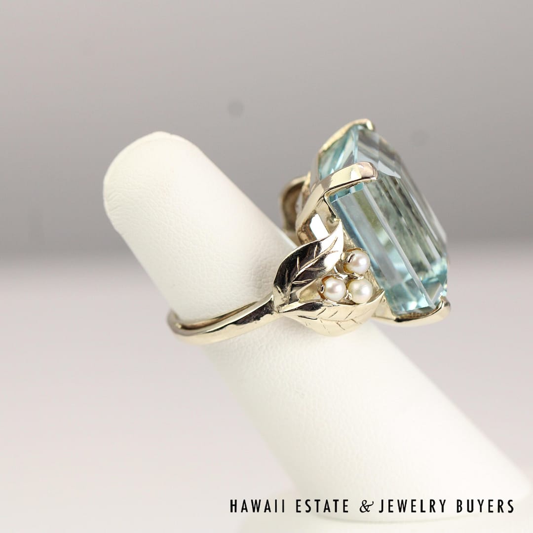 36ct Aquamarine & 2.5mm Cultured Pearl 14K White Gold Ring Size 7 - Image 3
