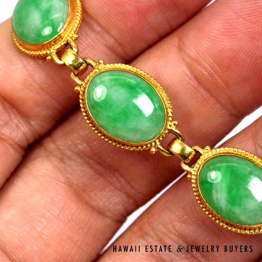 Green Jade Oval 22K Yellow Gold Cabochon Bracelet Size 6 - Image 4