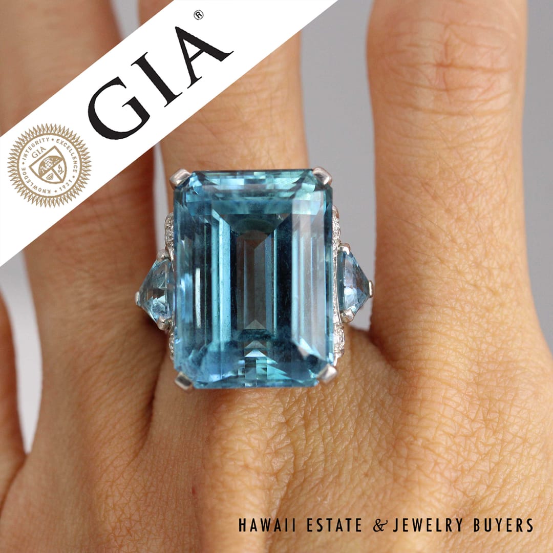 GIA 30ct Aquamarine 0.40ctw Diamond 1.50ctw Aquamarine Ring Plat. Size 8, 17.5g