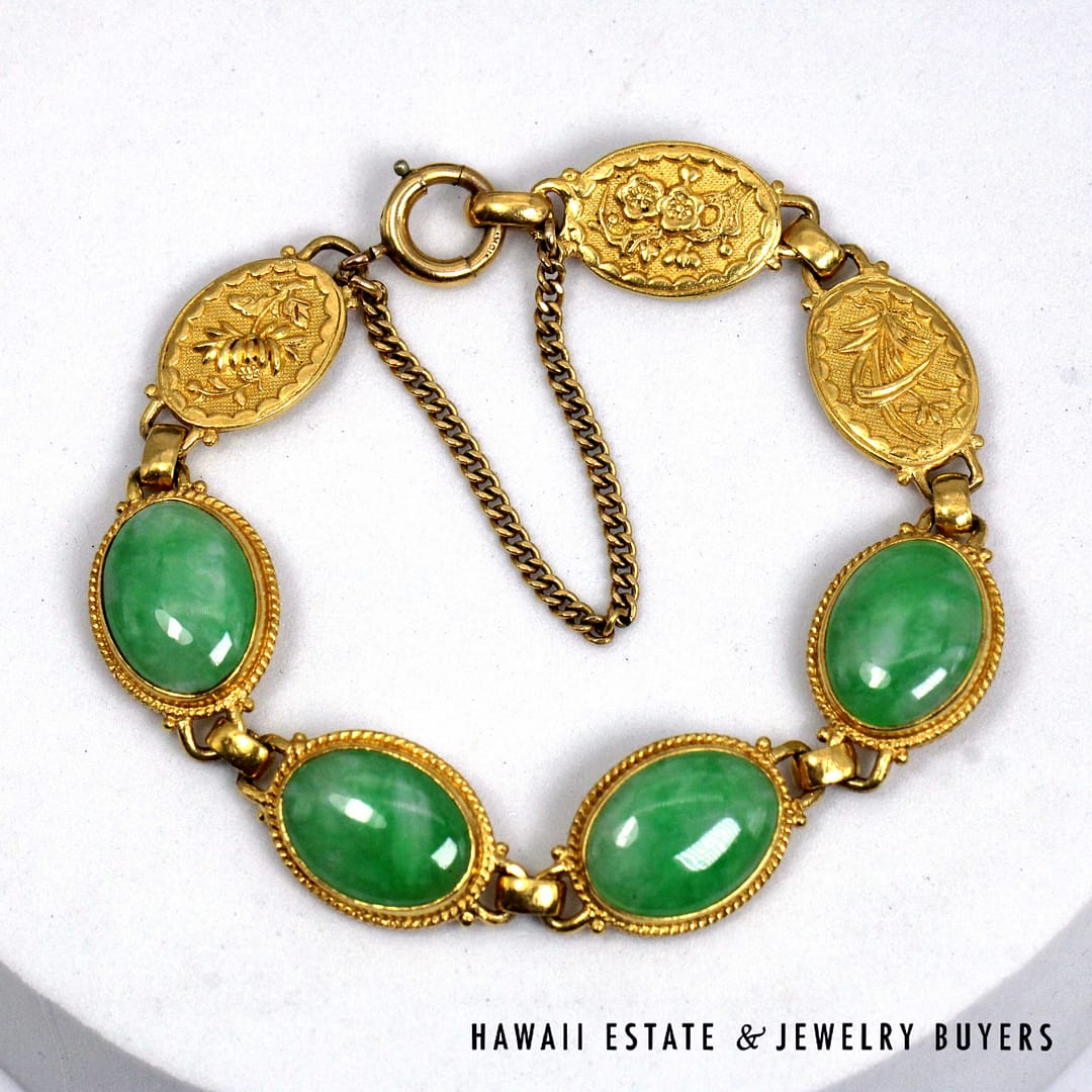 Green Jade Oval 22K Yellow Gold Cabochon Bracelet Size 6 - Image 2