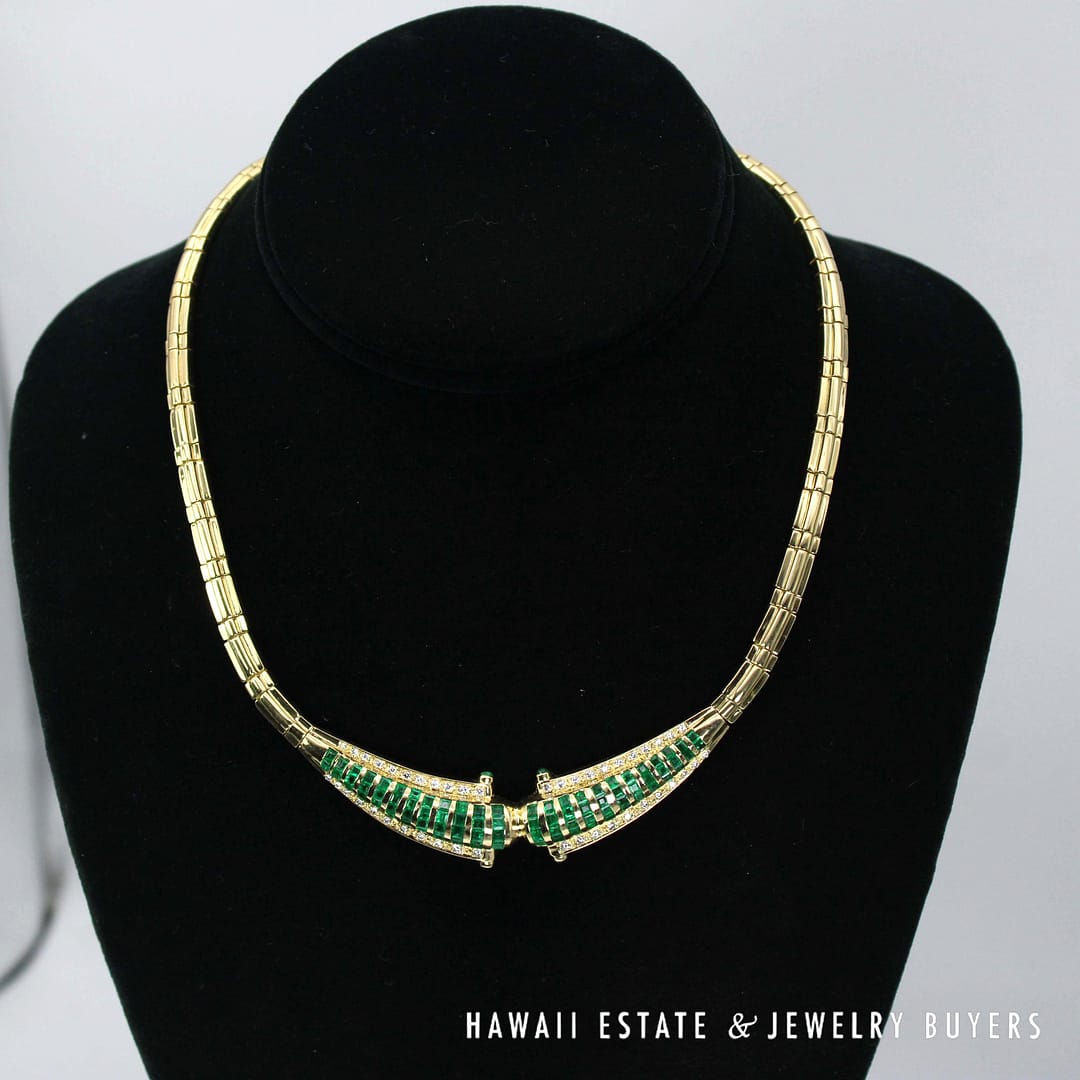 67g 18KYG 4ctw EMERALD 1ctw DIAMOND CLEOPATRA STYLE NECKLACE 16.5"
