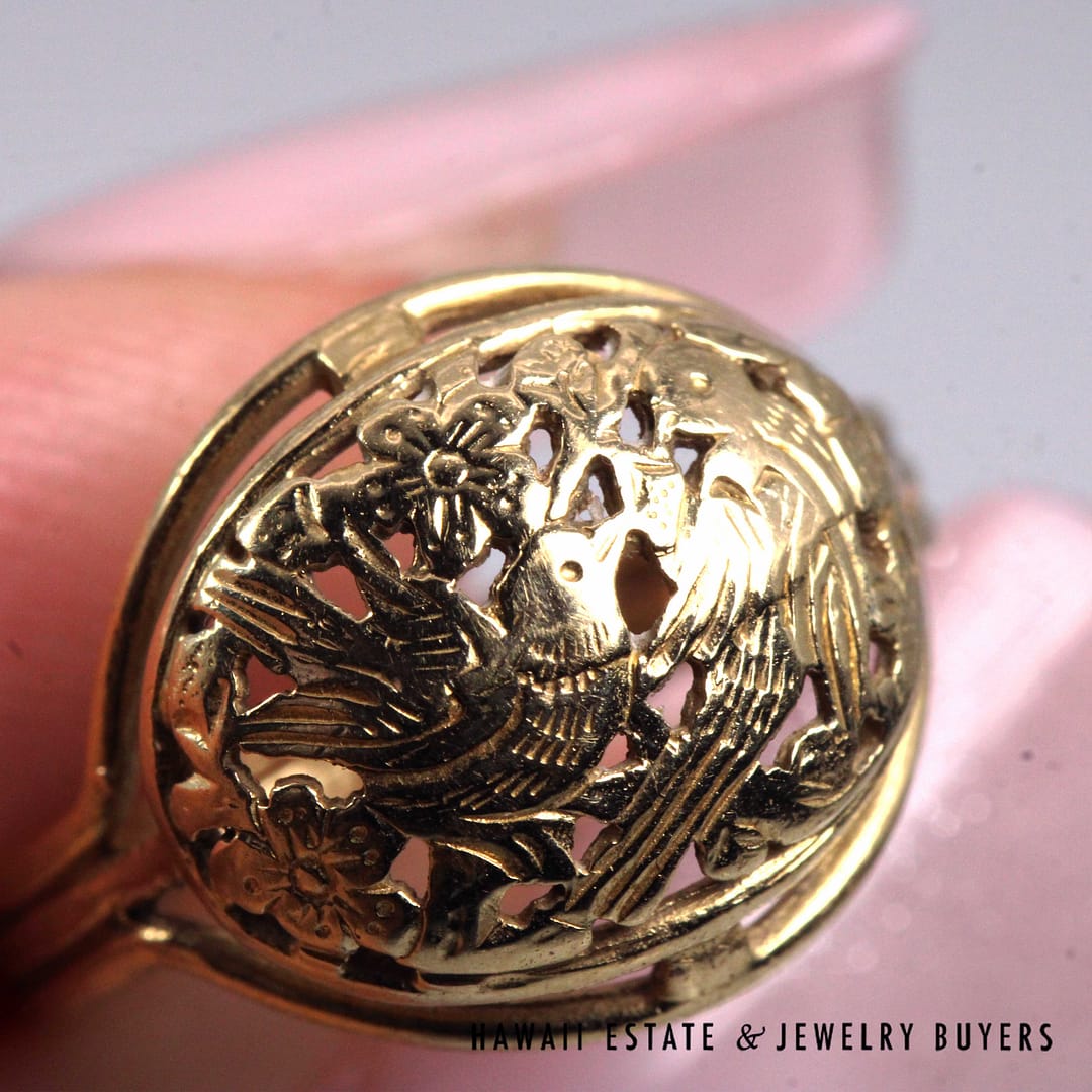 Ming's Hawaii Bird in Plum 14K Yellow Gold Dome Ring Size 5 - Image 6