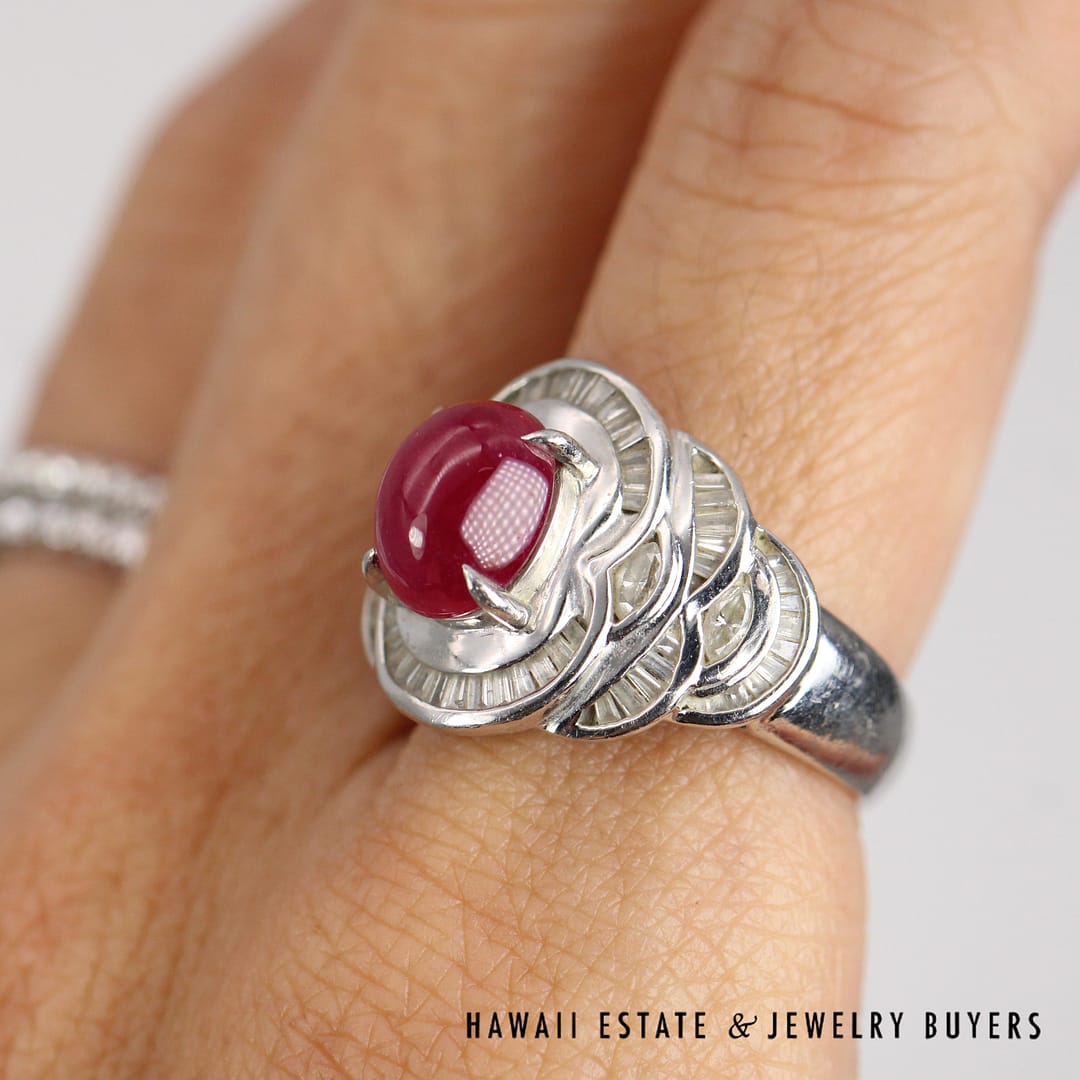 GIA Natural 3.74ct Ruby Cabochon 0.90ctw Baguette Diamond Ring Platinum Size 6.5 - Image 5