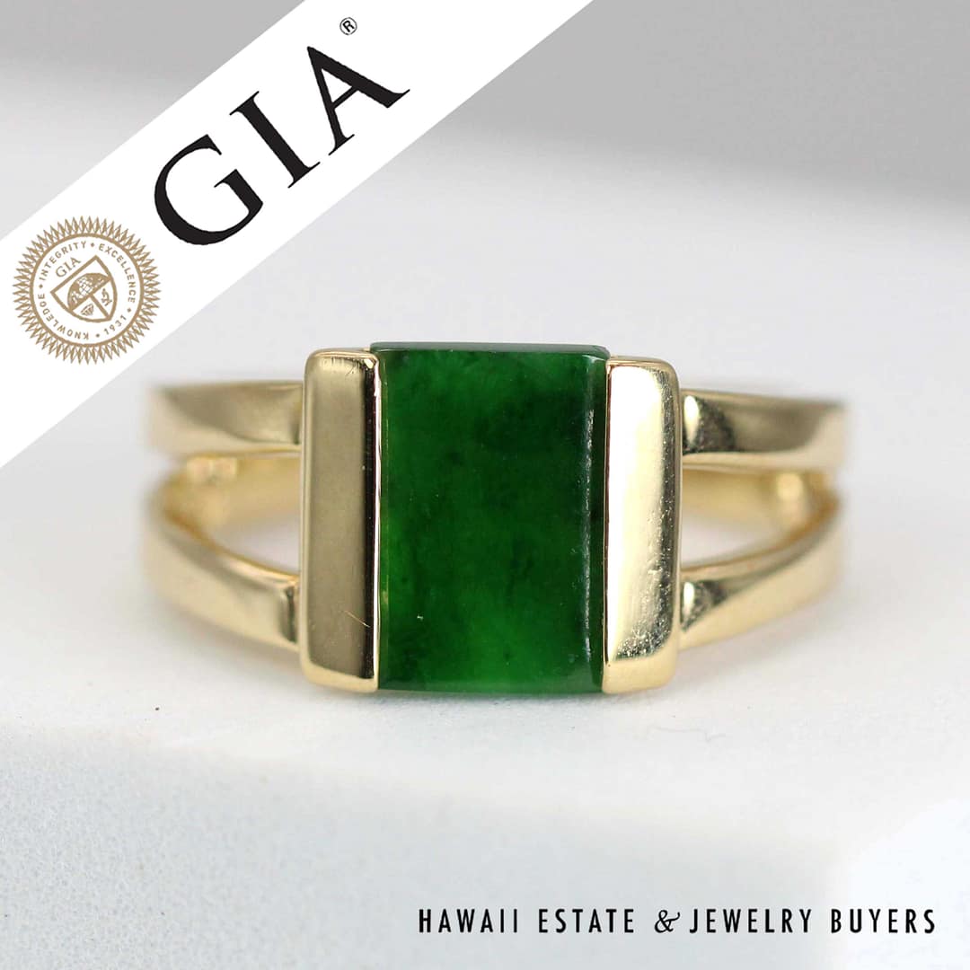 GIA Omphacite Green Jade 14K Yellow Gold Ring SIZE 6
