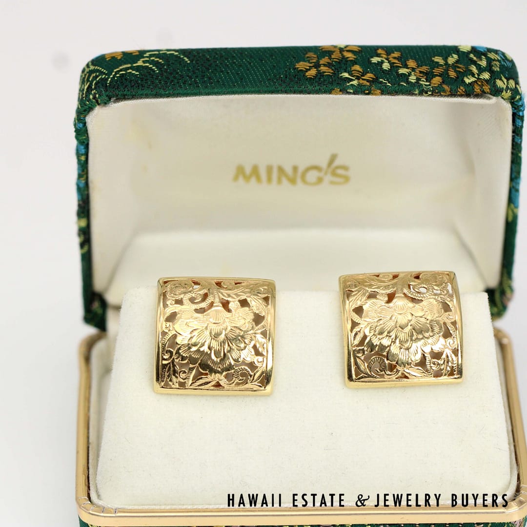 Ming's 10.6g 14KYG 20mm Square Floral Motif Earring with Soldered Posts and Omega Clips with Box