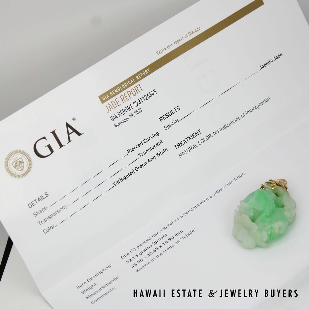 GIA Moss in Snow Jade Carved Frog 32.3g 14KYG Pendant Measures 48