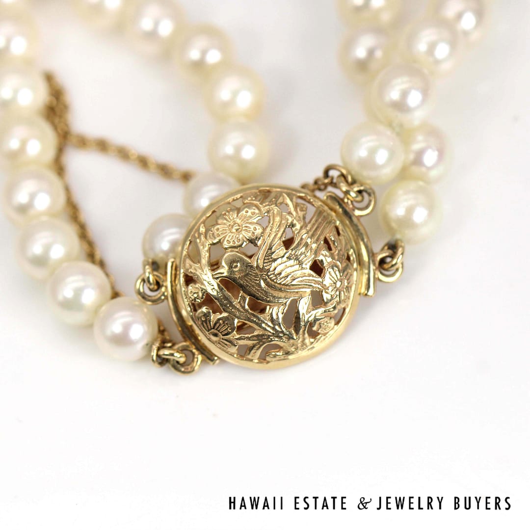 Ming's Bird in Plum Cultured Pearl Double Strand Bracelet 14k Yellow Gold Size 6.5 - Image 2