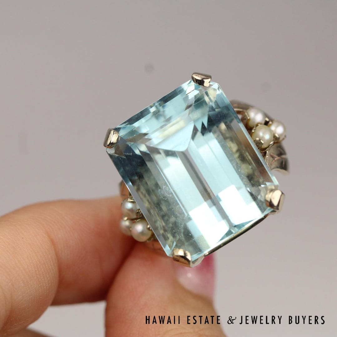 36ct Aquamarine & 2.5mm Cultured Pearl 14K White Gold Ring Size 7 - Image 2