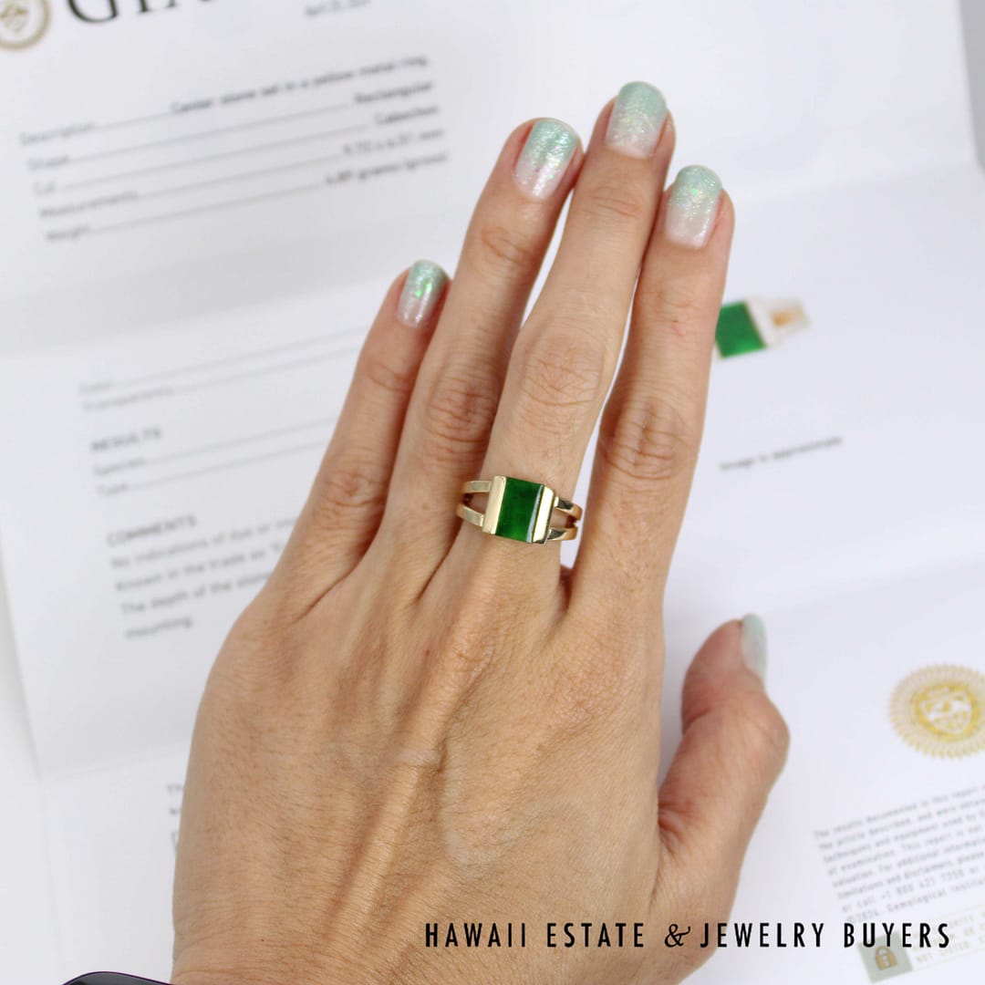 GIA Omphacite Green Jade 14K Yellow Gold Ring SIZE 6 - Image 2
