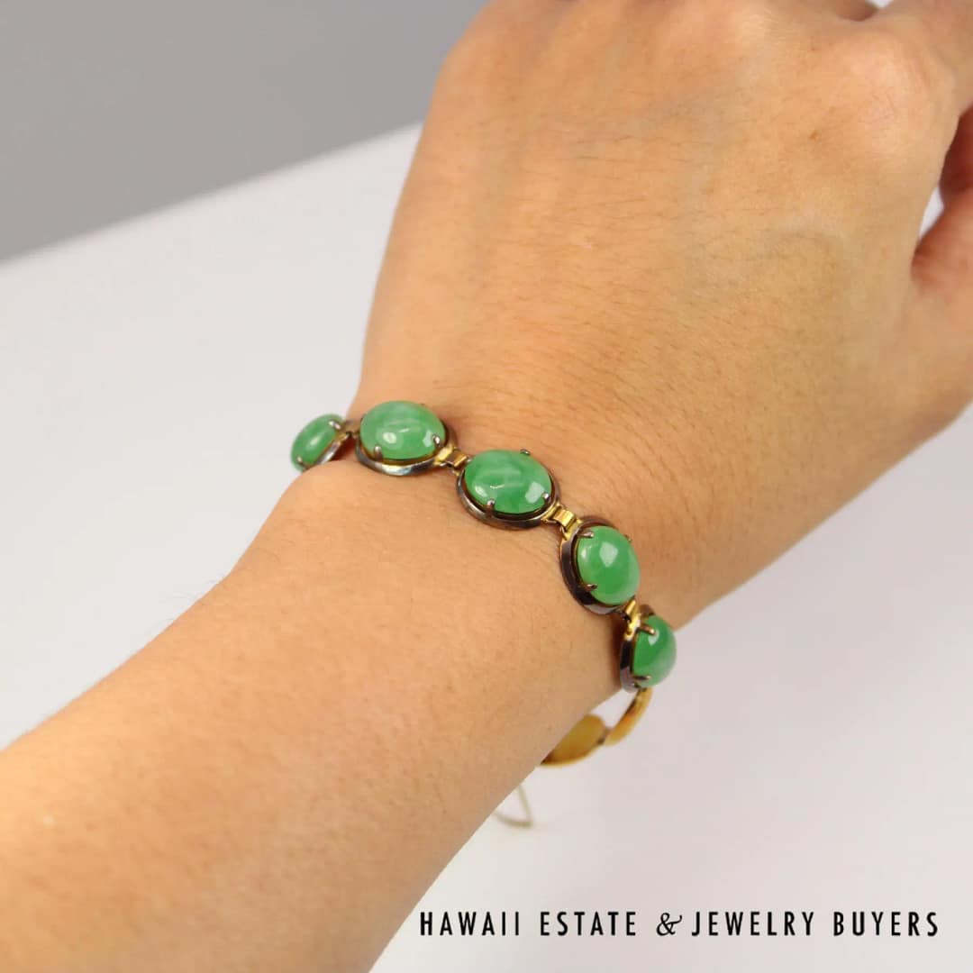 Jade Green 14K Yellow Gold Cabochon Bracelet Size 6.5 - Image 3