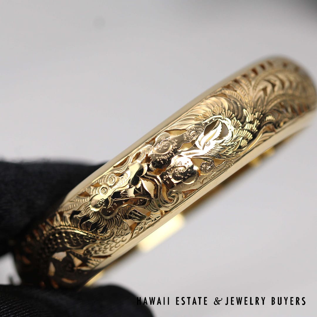 Ming's 28g 14KYG Dragon & Phoenix 15mm Bracelet Size 7 1/4 with