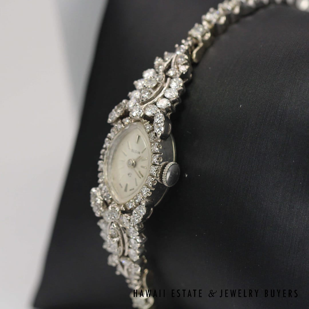 Elgin 3ctw SI/GH Diamond 14k White Gold Ladies Watch with Safety Chain Size 6, 23.6g - Image 6