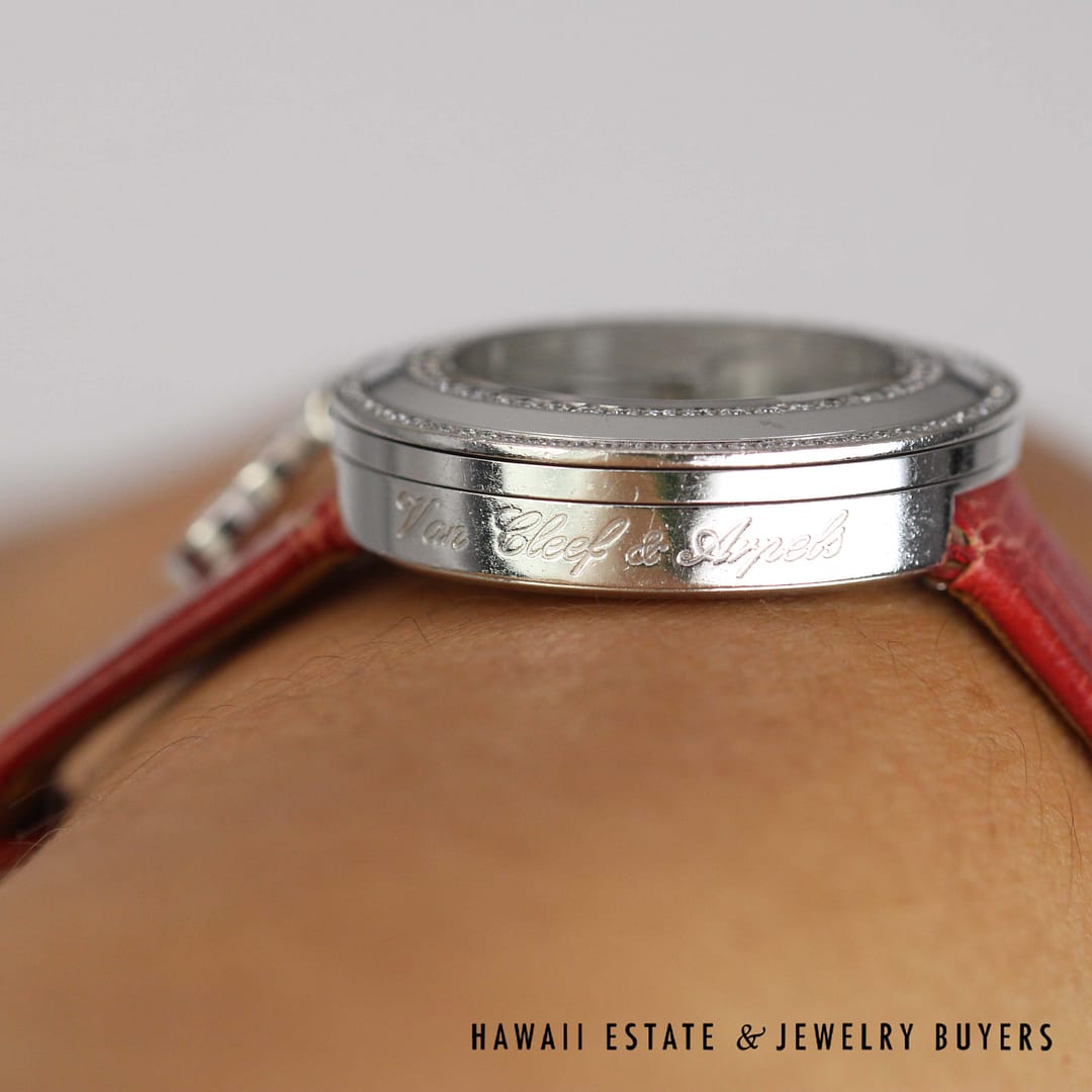 Van Cleef & Arpels 18k White Gold Watch with Diamond Bezel & Charm Model HH50017 - Image 6