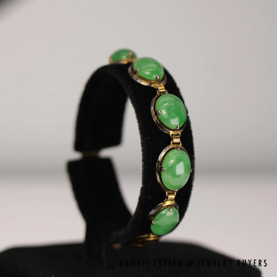 Jade Green 14K Yellow Gold Cabochon Bracelet Size 6.5
