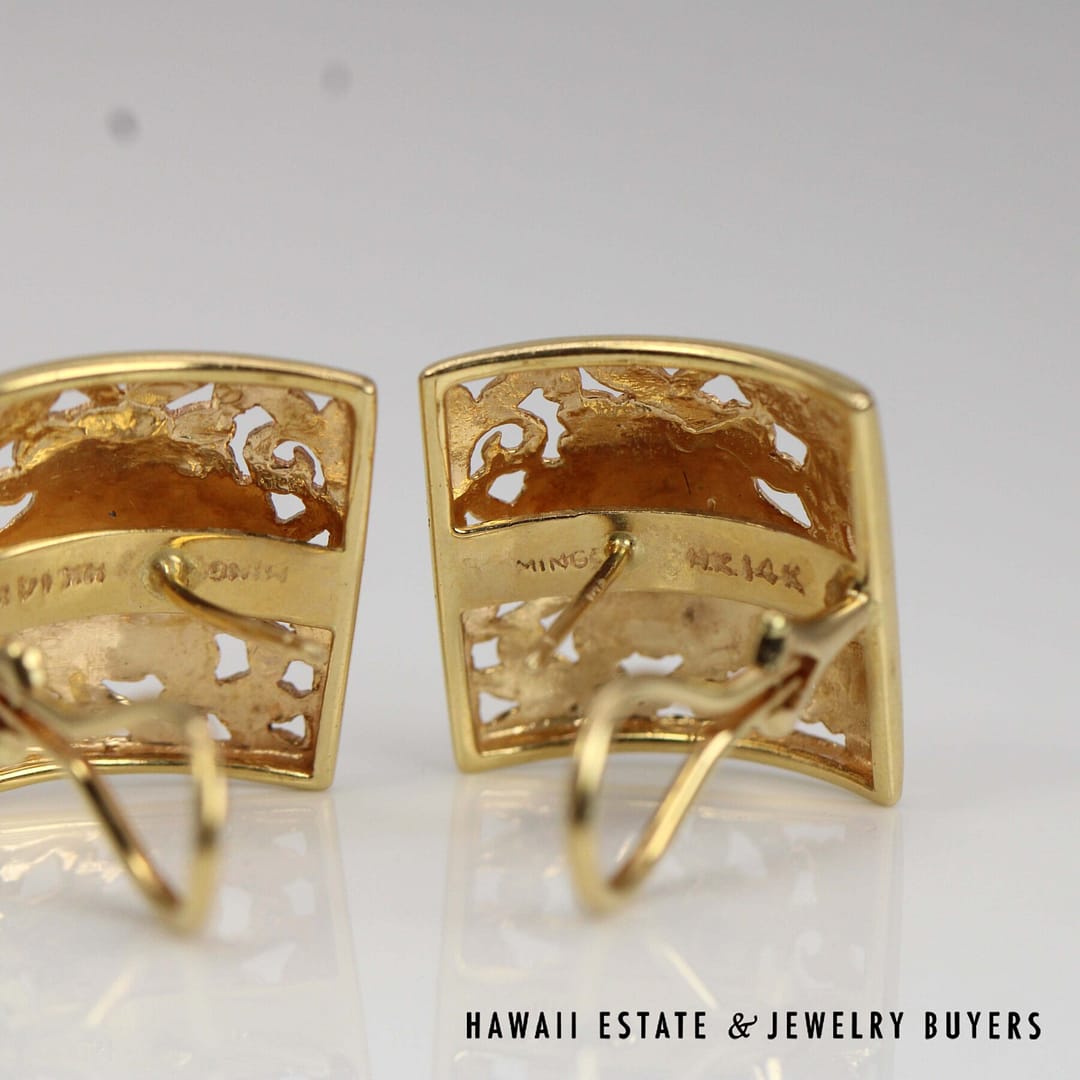 Ming's 10.6g 14KYG 20mm Square Floral Motif Earring with Soldered Posts and Omega Clips with Box - Image 2