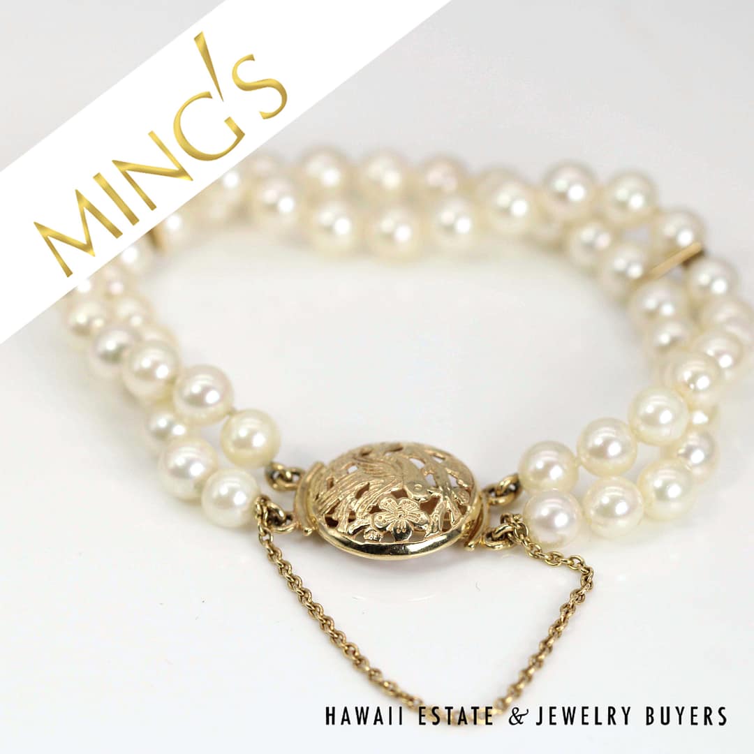 Ming's Bird in Plum Cultured Pearl Double Strand Bracelet 14k Yellow Gold Size 6.5