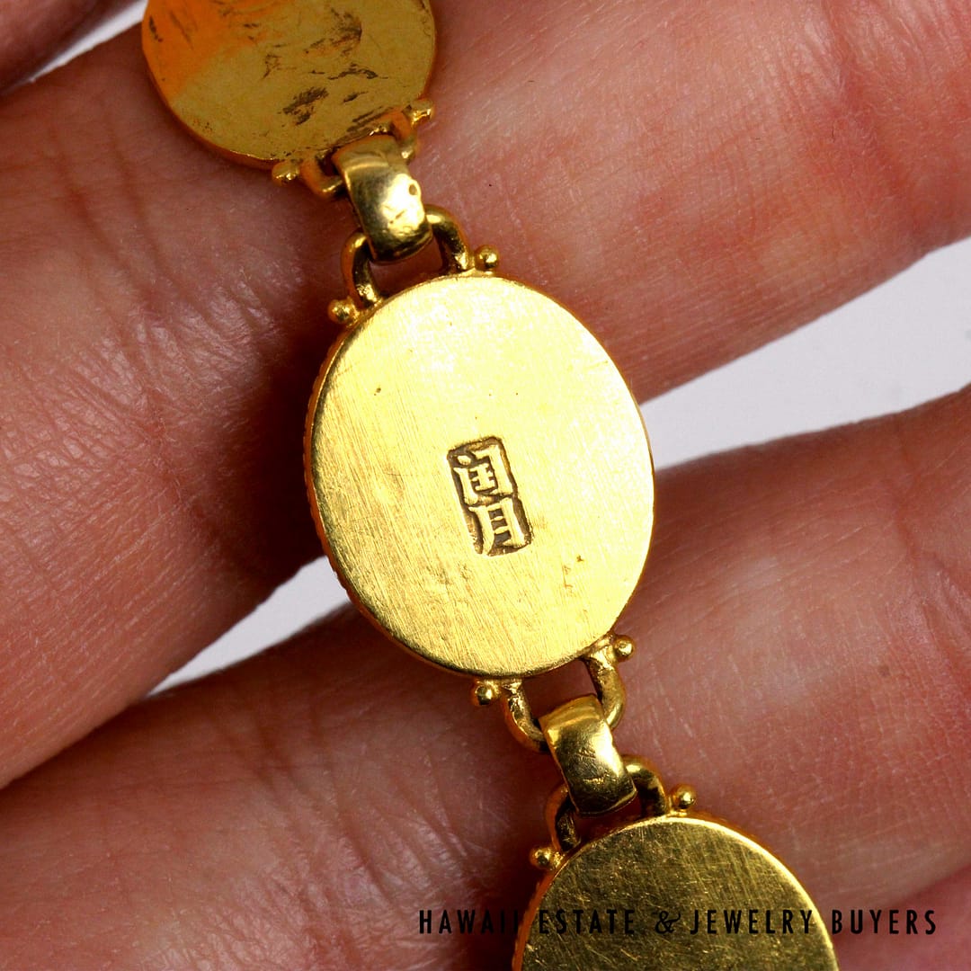 Green Jade Oval 22K Yellow Gold Cabochon Bracelet Size 6 - Image 7