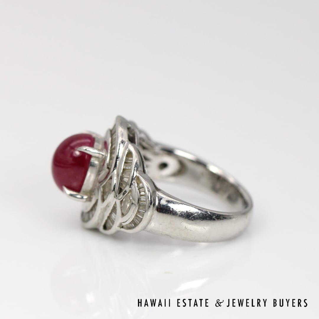 GIA Natural 3.74ct Ruby Cabochon 0.90ctw Baguette Diamond Ring Platinum Size 6.5 - Image 4