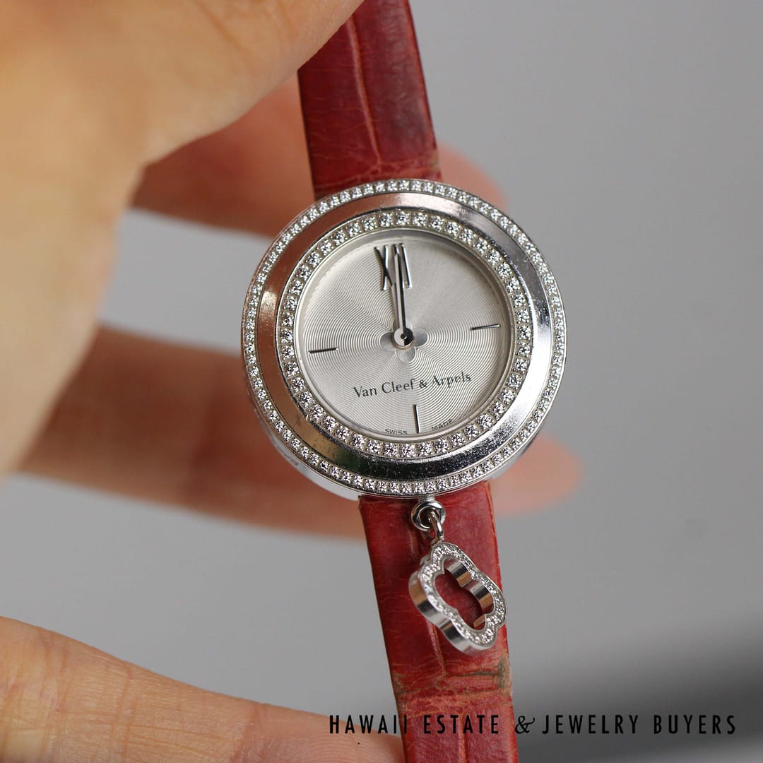 Van Cleef & Arpels 18k White Gold Watch with Diamond Bezel & Charm Model HH50017 - Image 3