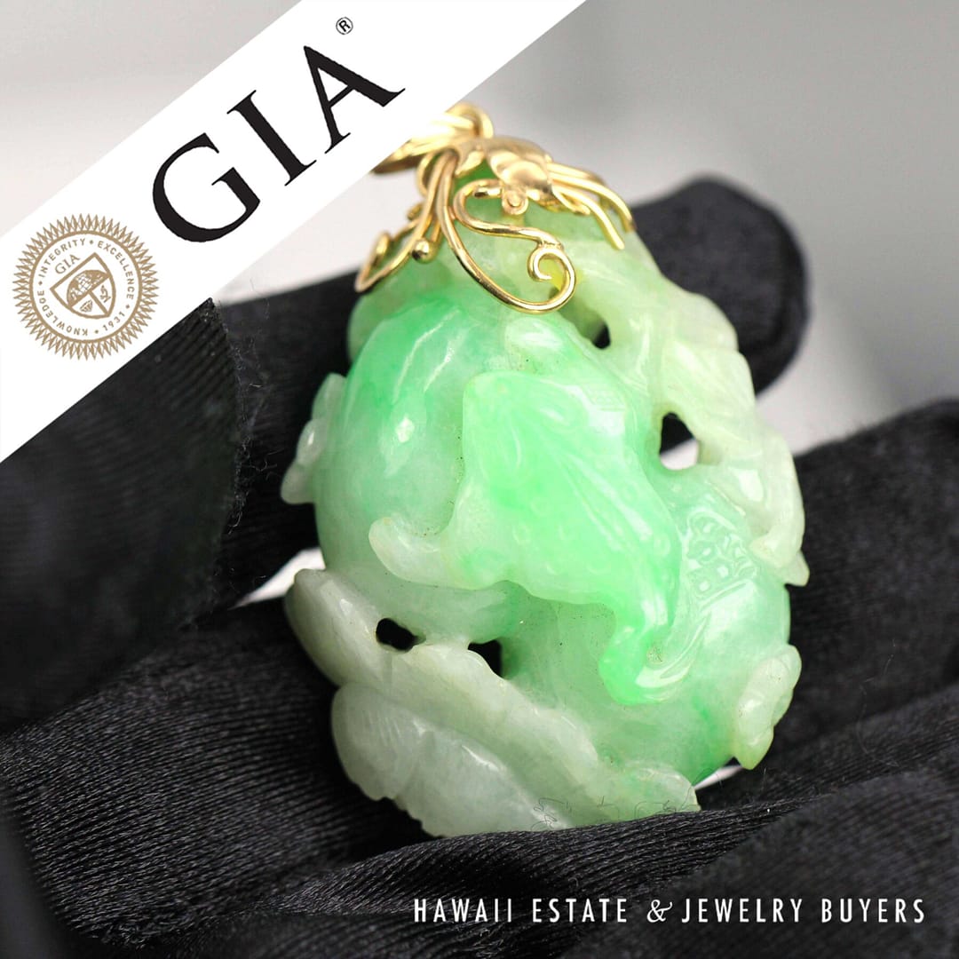 GIA Moss in Snow Jade Carved Frog 32.3g 14KYG Pendant Measures 48