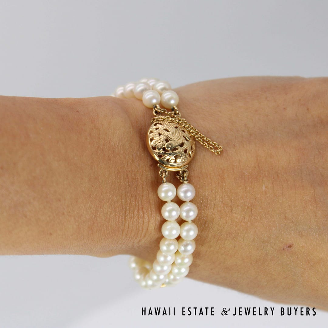 Ming's Bird in Plum Cultured Pearl Double Strand Bracelet 14k Yellow Gold Size 6.5 - Image 3