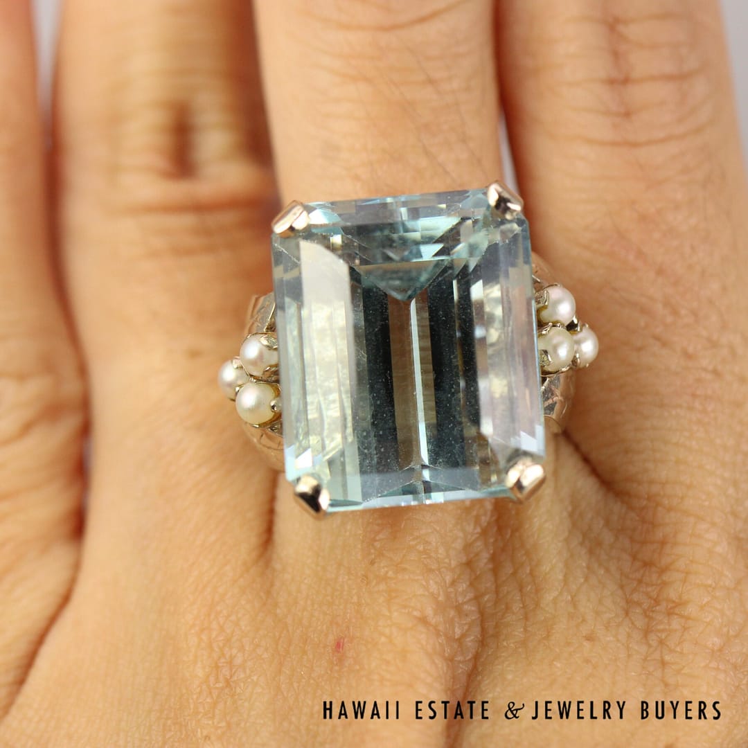 36ct Aquamarine & 2.5mm Cultured Pearl 14K White Gold Ring Size 7