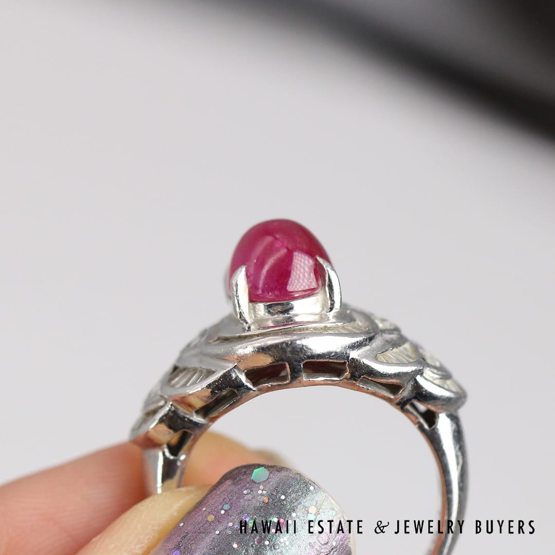 GIA Natural 3.74ct Ruby Cabochon 0.90ctw Baguette Diamond Ring Platinum Size 6.5 - Image 6