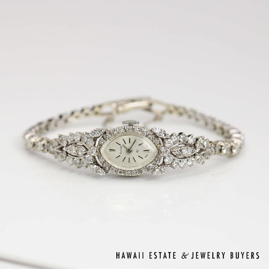 Elgin 3ctw SI/GH Diamond 14k White Gold Ladies Watch with Safety Chain Size 6, 23.6g - Image 2