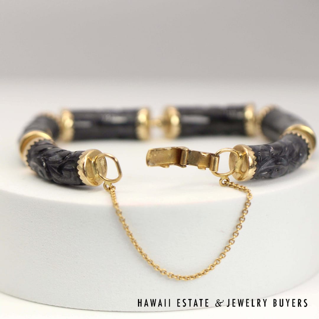 Ming's Gray Jade Carved 14K Yellow Gold Link Bracelet Size 6.75