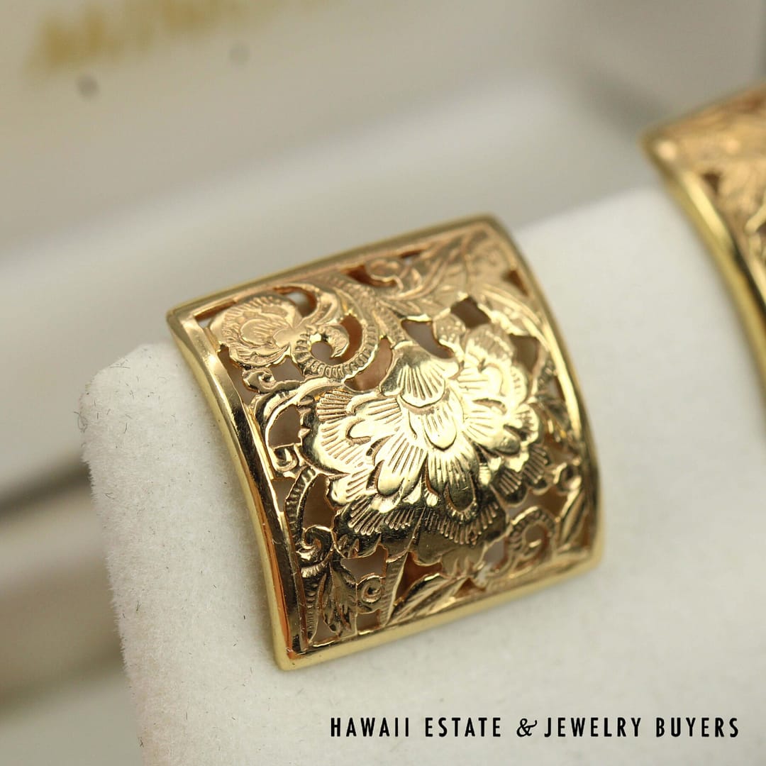 Ming's 10.6g 14KYG 20mm Square Floral Motif Earring with Soldered Posts and Omega Clips with Box - Image 3